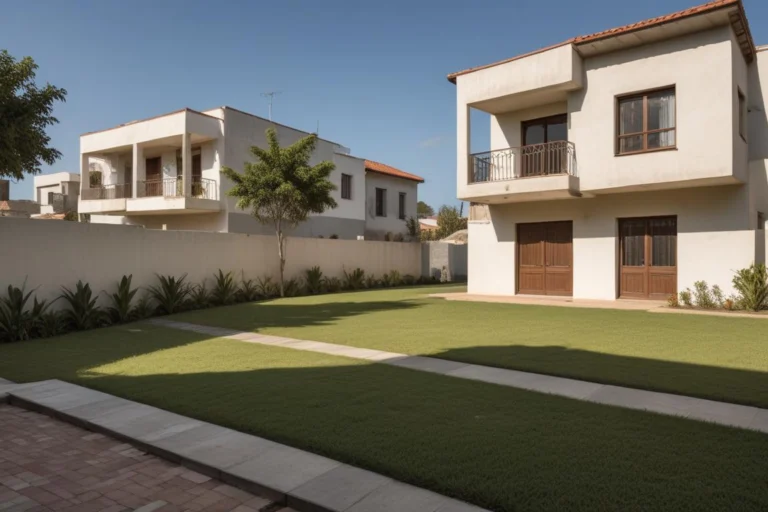 Rua residencial com casas de muro baixo e jardim, em um dia de céu aberto