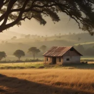 Canavial junto à mata nativa em paisagem rural do interior paulista ao fim da tarde.