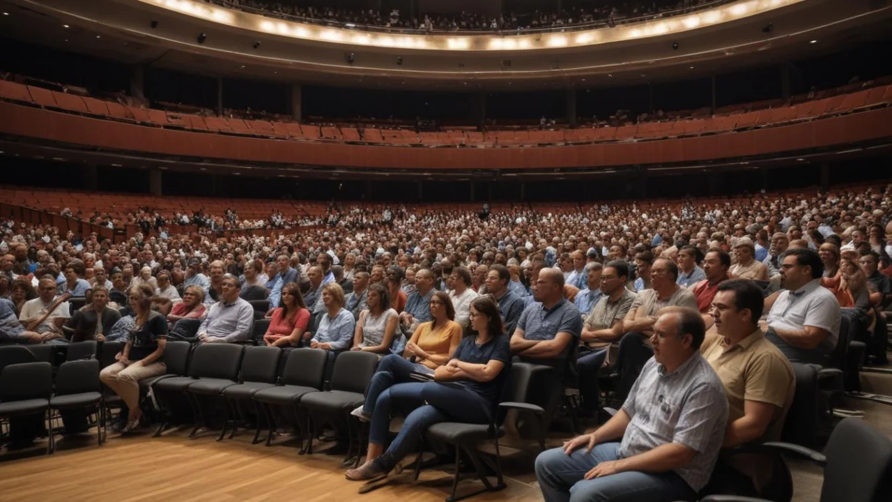 Auditório para encontro sobre gestão municipal, com cadeiras, microfones e pastas, sem pessoas.