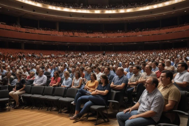 Auditório para encontro sobre gestão municipal, com cadeiras, microfones e pastas, sem pessoas.