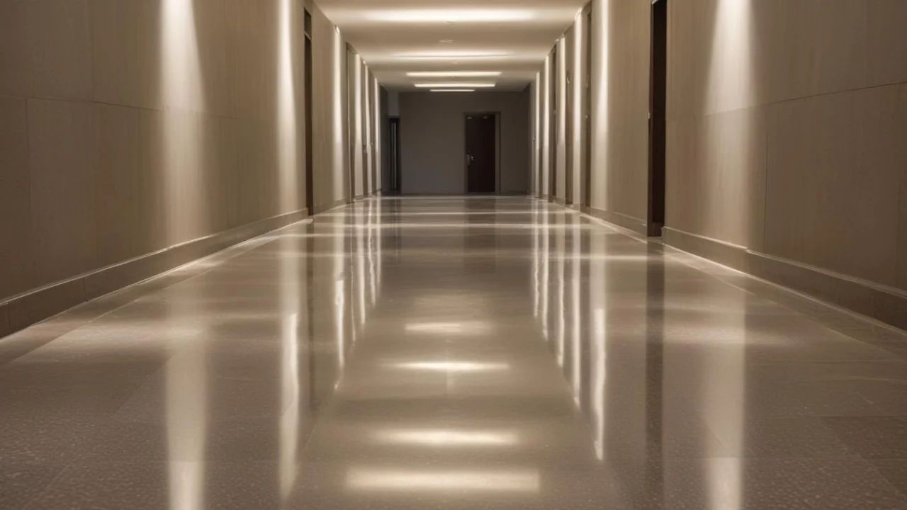 Corredor vazio de prédio público com piso encerado refletindo a luz das janelas