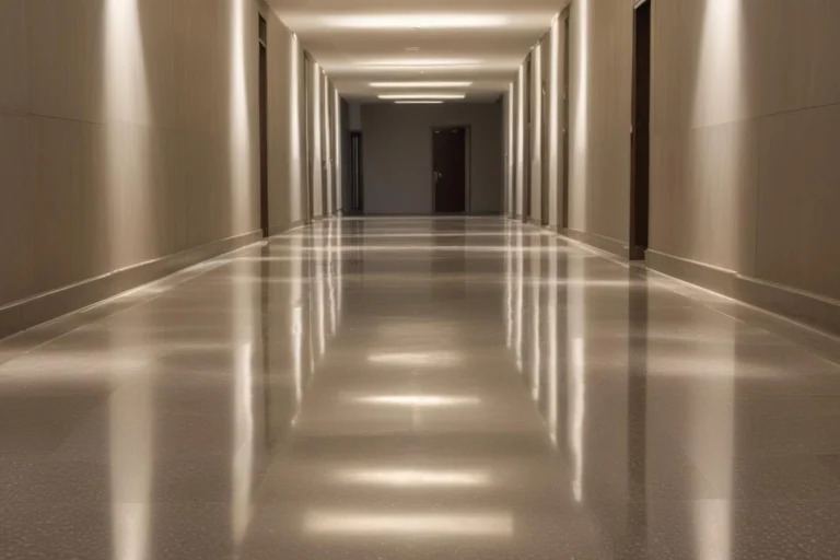 Corredor vazio de prédio público com piso encerado refletindo a luz das janelas