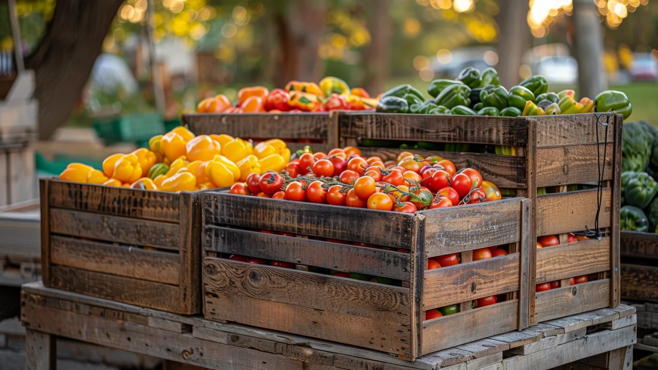 Caixotes de madeira com pimentões, tomates e verduras frescas em uma feira