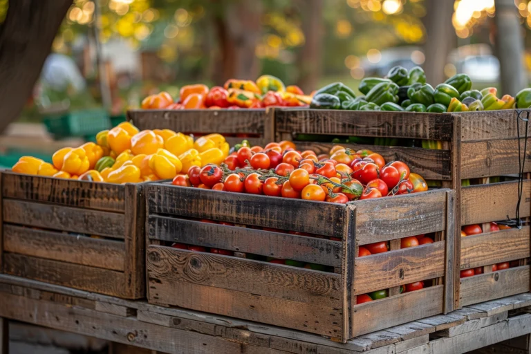 Caixotes de madeira com pimentões, tomates e verduras frescas em uma feira