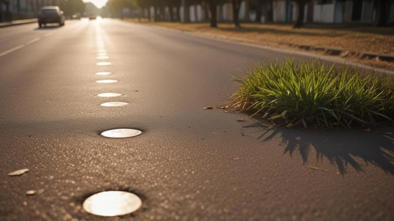 Avenida asfaltada de uma cidade do interior ao amanhecer, com árvores e calçadas, sem pessoas