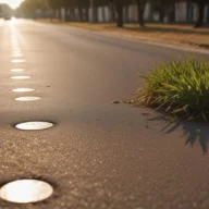Avenida asfaltada de uma cidade do interior ao amanhecer, com árvores e calçadas, sem pessoas