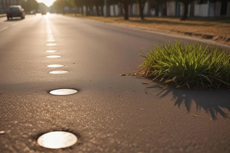 Avenida asfaltada de uma cidade do interior ao amanhecer, com árvores e calçadas, sem pessoas
