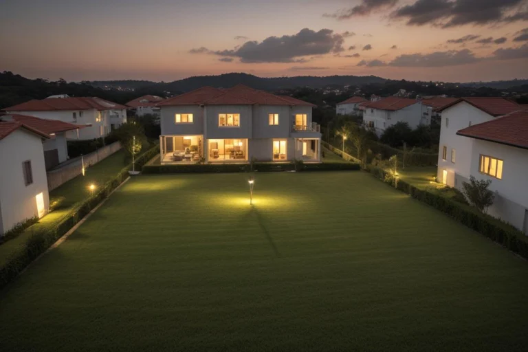 Bairro residencial com casas ao anoitecer, luzes acesas e céu alaranjado