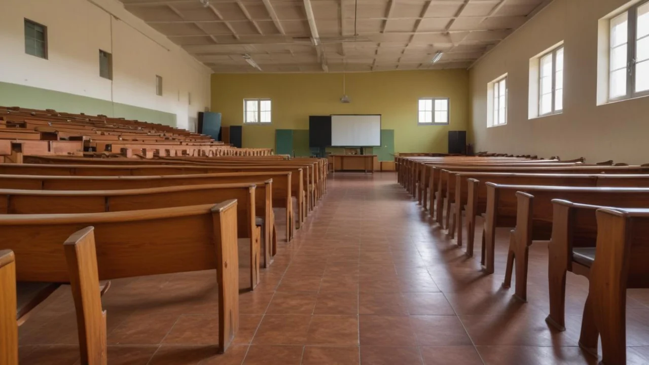 Sala ampla com fileiras de carteiras escolares de madeira vazias e tela branca ao fundo