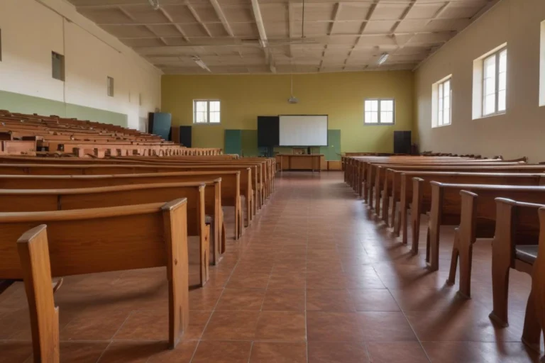 Sala ampla com fileiras de carteiras escolares de madeira vazias e tela branca ao fundo
