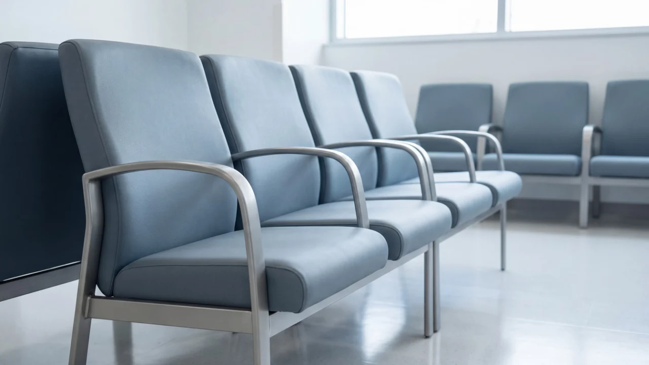 Cadeiras azuis enfileiradas em sala de espera de hospital com luz natural