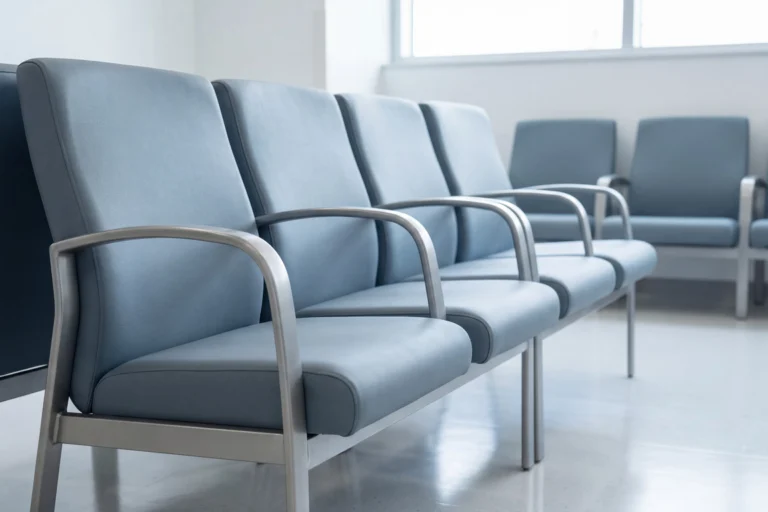 Cadeiras azuis enfileiradas em sala de espera de hospital com luz natural