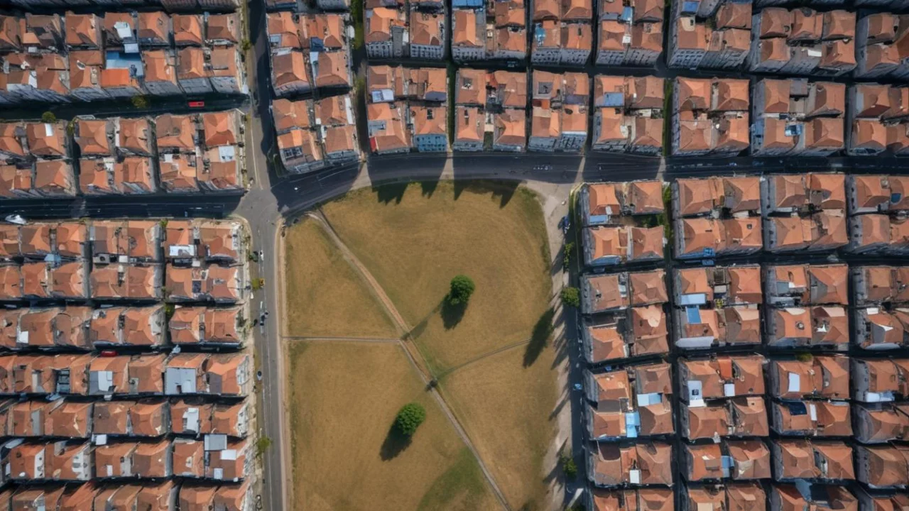 Vista aérea de avenidas e quarteirões residenciais de um bairro urbano de Guarulhos