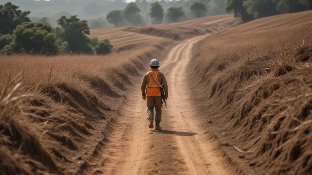 Agente de defesa civil com colete laranja e capacete caminhando em estrada de terra entre campos e morros ao amanhecer