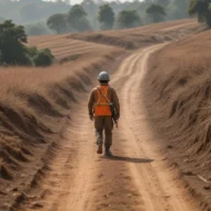 Agente de defesa civil com colete laranja e capacete caminhando em estrada de terra entre campos e morros ao amanhecer