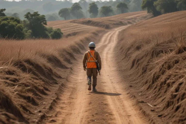 Agente de defesa civil com colete laranja e capacete caminhando em estrada de terra entre campos e morros ao amanhecer