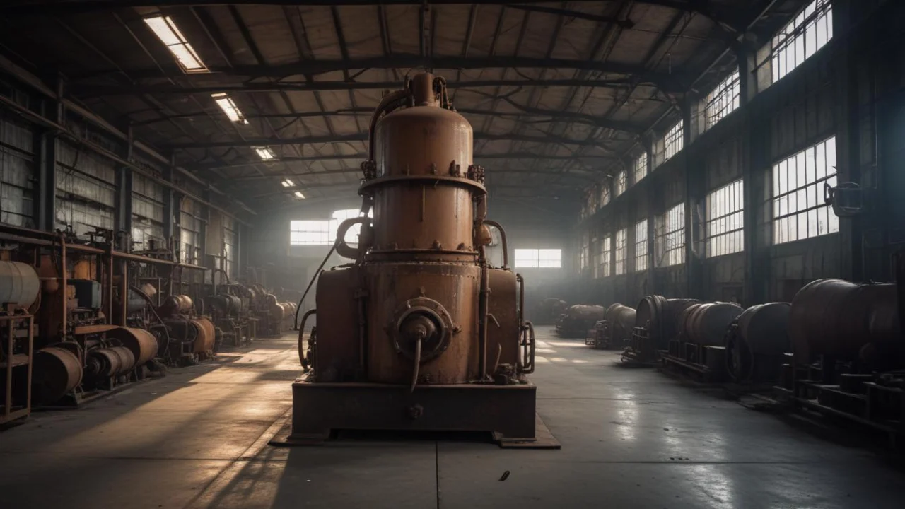 Interior de um galpão industrial com maquinário e peças metálicas empilhadas ao fundo