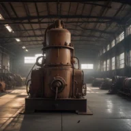 Interior de um galpão industrial com maquinário e peças metálicas empilhadas ao fundo