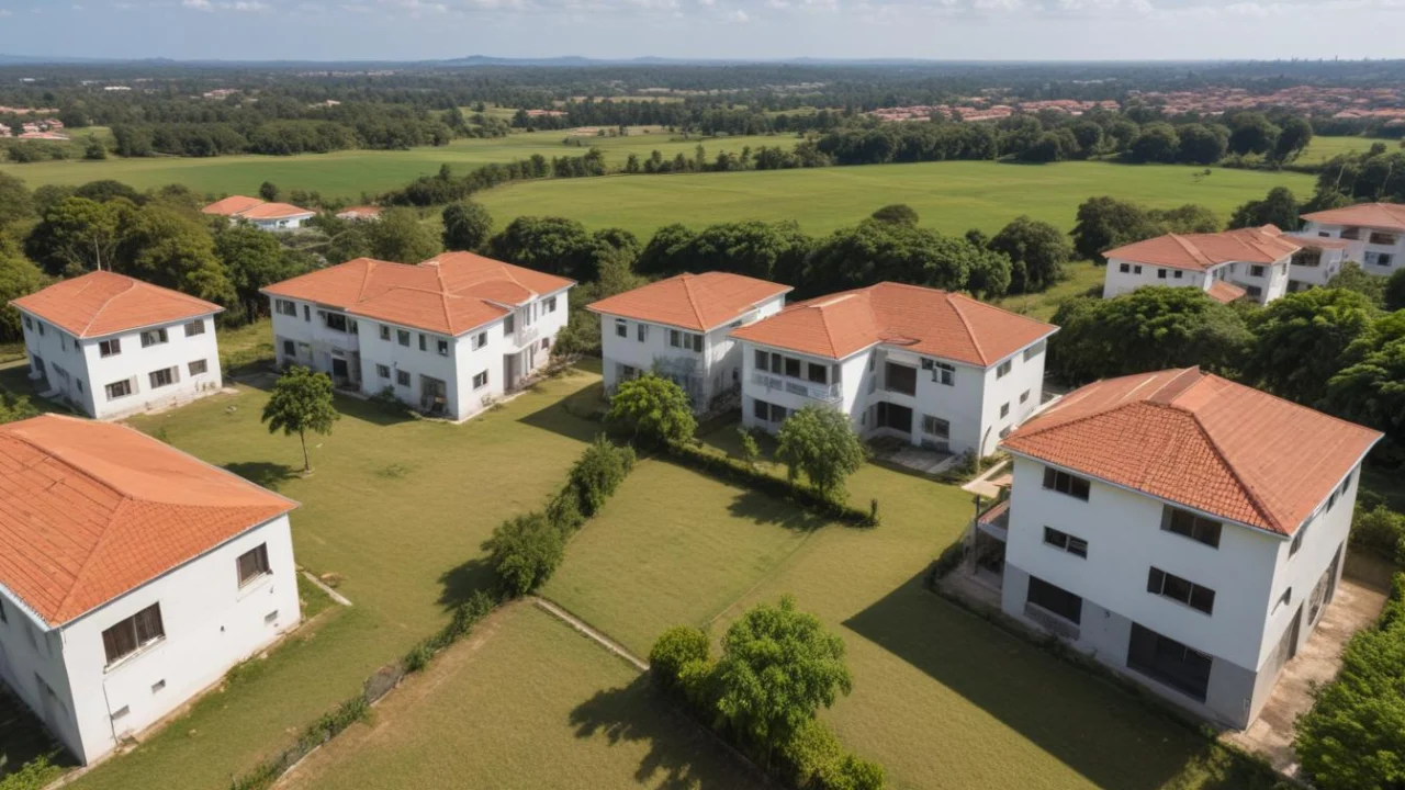 Vista aérea de bairro residencial com casas de telhado vermelho e área verde ao redor, em uma cidade do interior