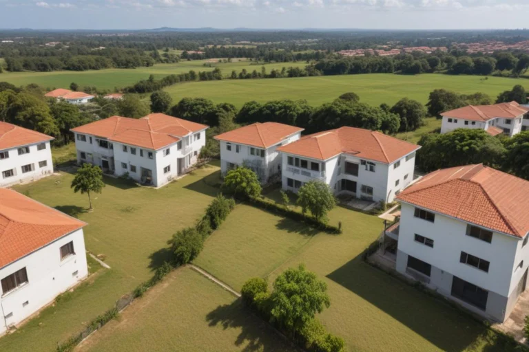 Vista aérea de bairro residencial com casas de telhado vermelho e área verde ao redor, em uma cidade do interior