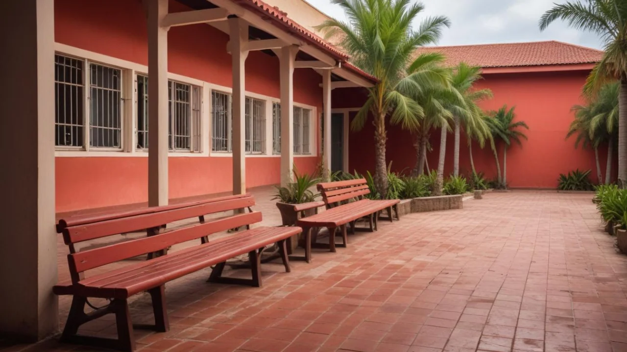 Pátio vazio de escola pública com muros vermelhos, bancos de madeira, piso de tijolos e palmeiras em manhã de sol