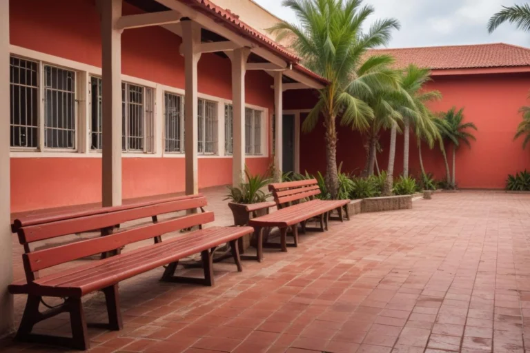 Pátio vazio de escola pública com muros vermelhos, bancos de madeira, piso de tijolos e palmeiras em manhã de sol