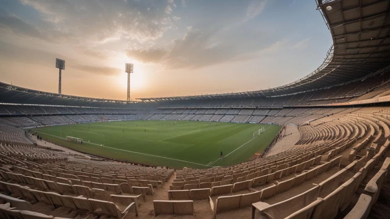 Estádio de futebol visto das arquibancadas ao pôr do sol, com gramado verde e refletores ao fundo