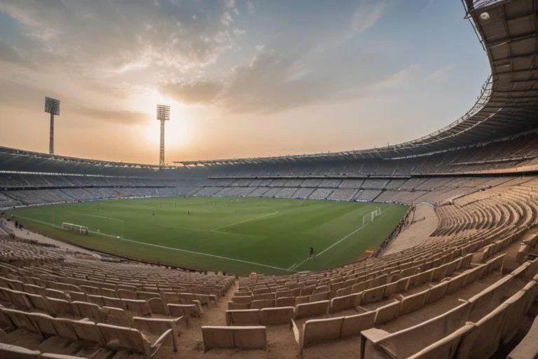 Estádio de futebol visto das arquibancadas ao pôr do sol, com gramado verde e refletores ao fundo
