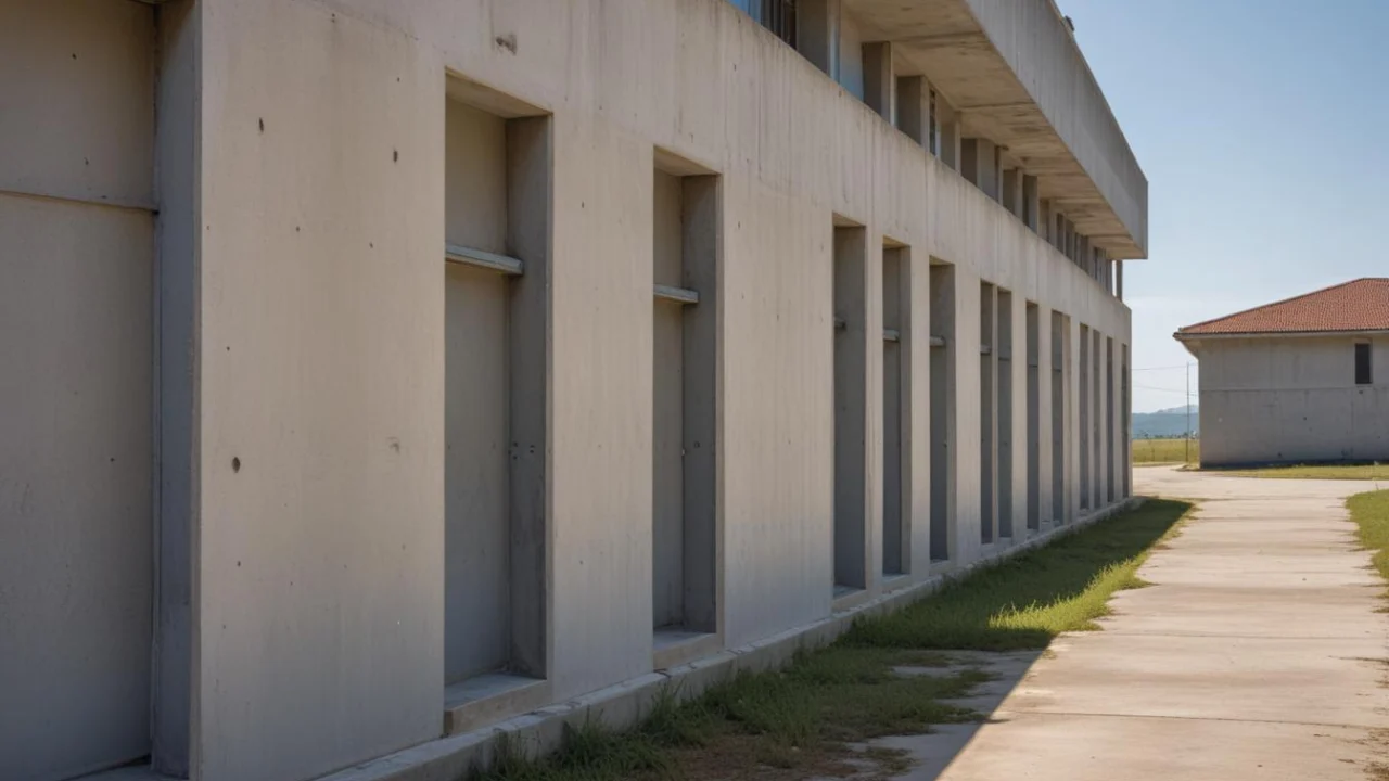 Fachada de concreto de prédio escolar com janelas enfileiradas e calçada de acesso