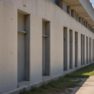 Fachada de concreto de prédio escolar com janelas enfileiradas e calçada de acesso