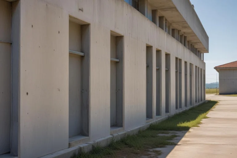 Fachada de concreto de prédio escolar com janelas enfileiradas e calçada de acesso