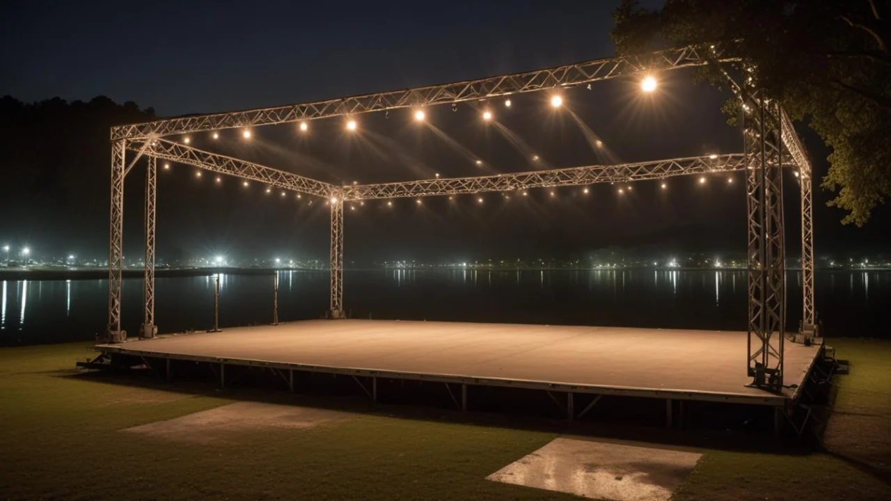 Palco iluminado montado à beira de um lago à noite, com estrutura de metal e refletores acesos