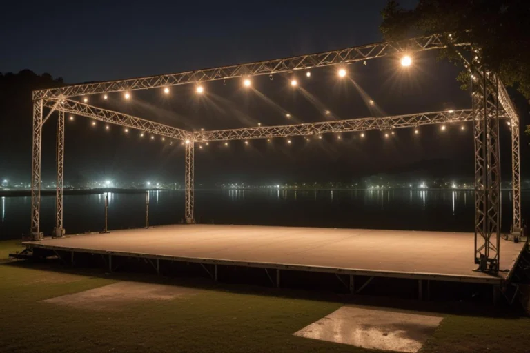Palco iluminado montado à beira de um lago à noite, com estrutura de metal e refletores acesos