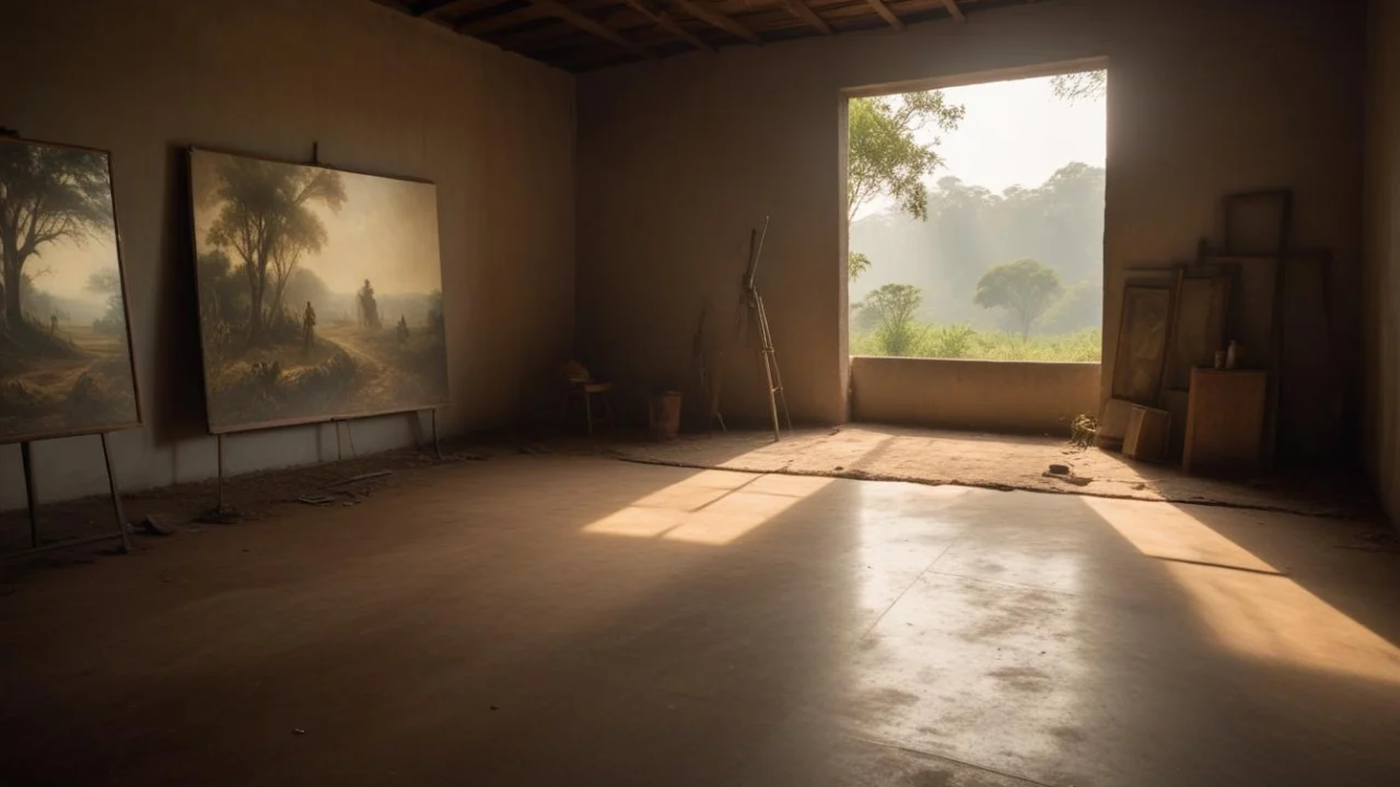 Sala de exposição com quadros pendurados nas paredes e luz natural