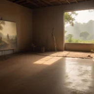 Sala de exposição com quadros pendurados nas paredes e luz natural