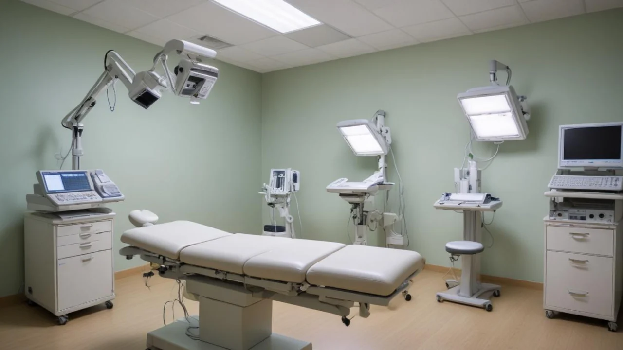 Sala de exame médico com maca e equipamentos de clínica