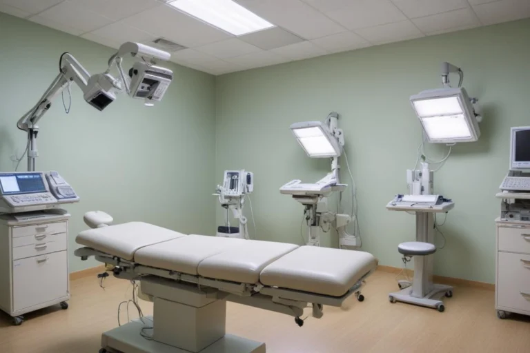 Sala de exame médico com maca e equipamentos de clínica