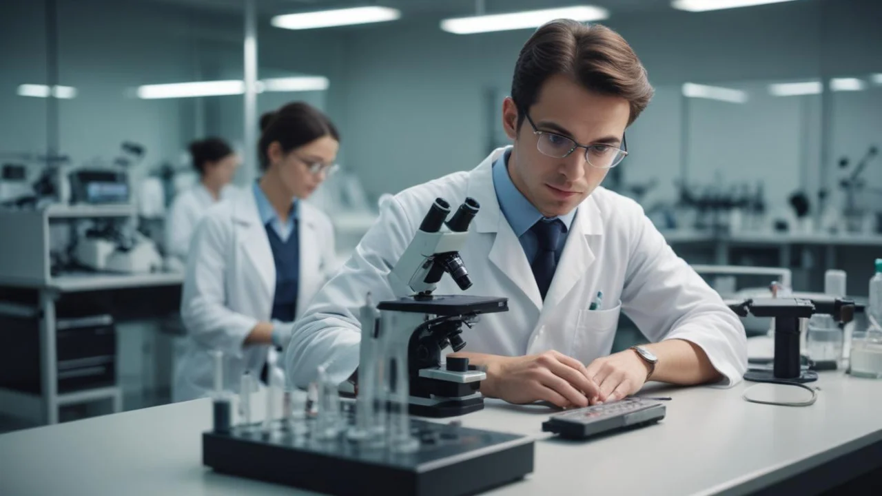Bancada de laboratório com microscópio e vidrarias