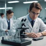 Bancada de laboratório com microscópio e vidrarias