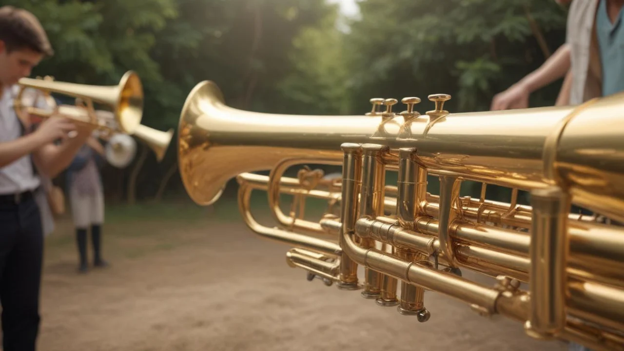 Trompete dourado em primeiro plano durante apresentação de banda marcial