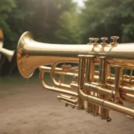 Trompete dourado em primeiro plano durante apresentação de banda marcial