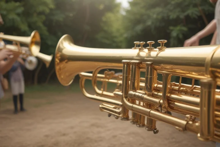 Trompete dourado em primeiro plano durante apresentação de banda marcial