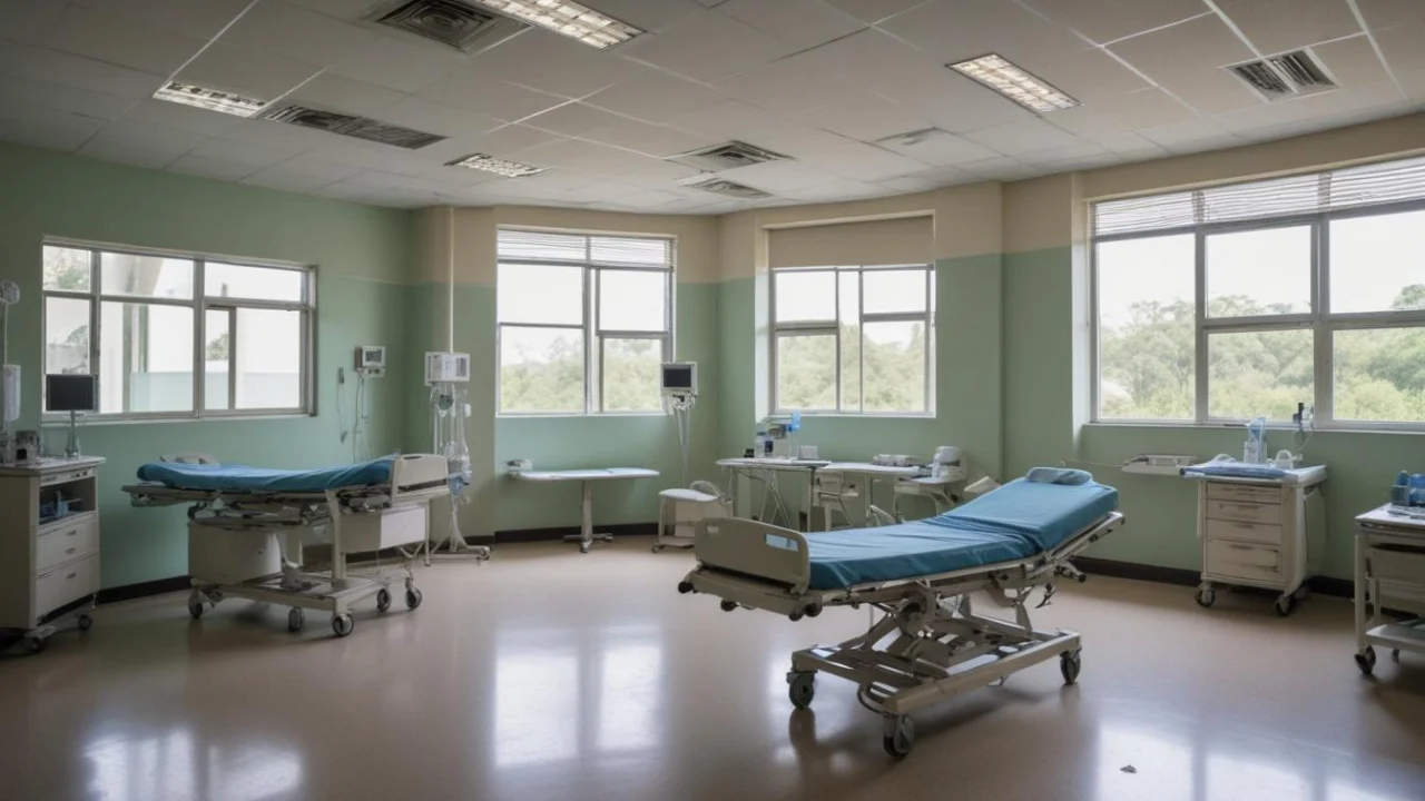 Sala de emergência de hospital com macas e equipamentos, iluminada por luz fria