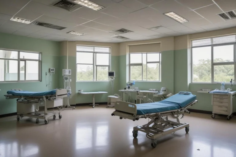 Sala de emergência de hospital com macas e equipamentos, iluminada por luz fria