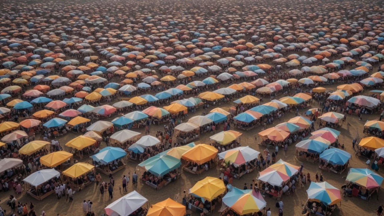 Vista aérea de tendas coloridas e barracas armadas em ampla área aberta durante festival popular