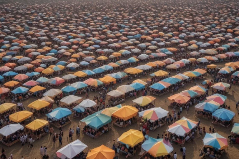 Vista aérea de tendas coloridas e barracas armadas em ampla área aberta durante festival popular