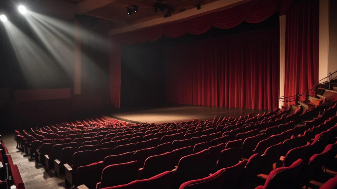 Palco de teatro vazio com cortina vermelha aberta e cadeiras na plateia