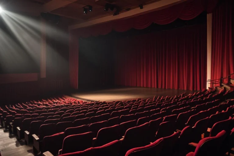Palco de teatro vazio com cortina vermelha aberta e cadeiras na plateia