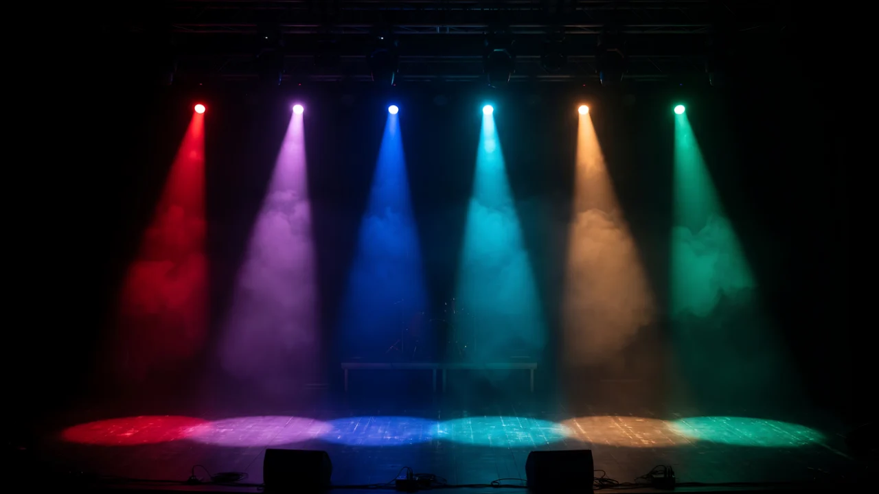 Refletores coloridos iluminando o palco de um auditório