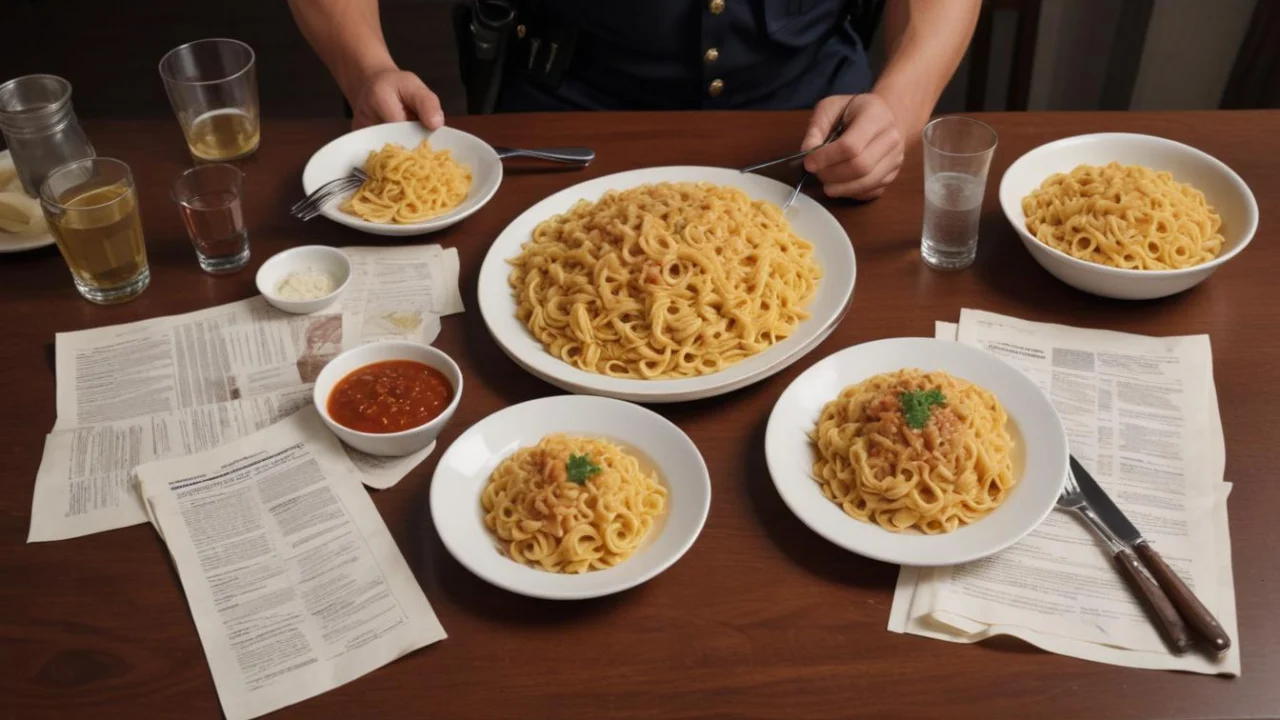 Mesa de investigação com pastas e lupa diante de paisagem urbana genérica de Franco da Rocha ao amanhecer